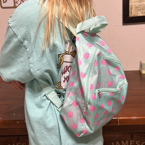 NWT Mini backpack blue with peaches design adjustable straps - Picture 2 of 3